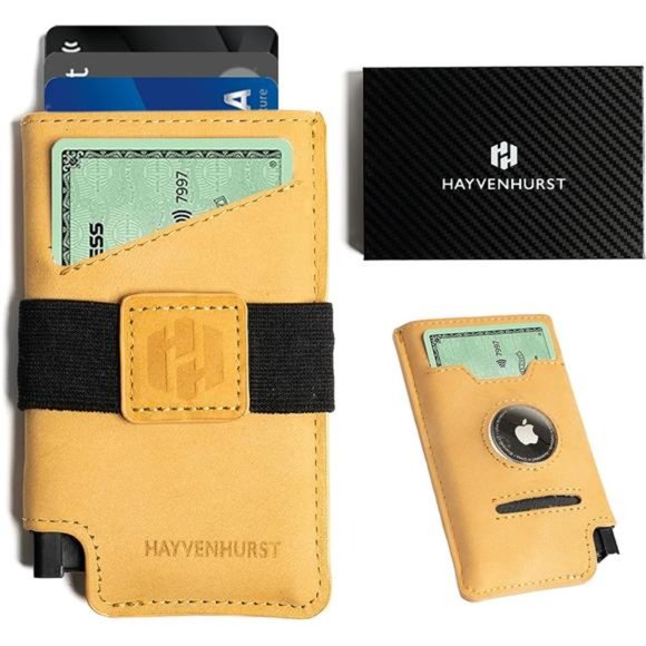 Slim Minimalist Pop Up Leather Wallet with Cash Strap - RFID Blocking Airtag
